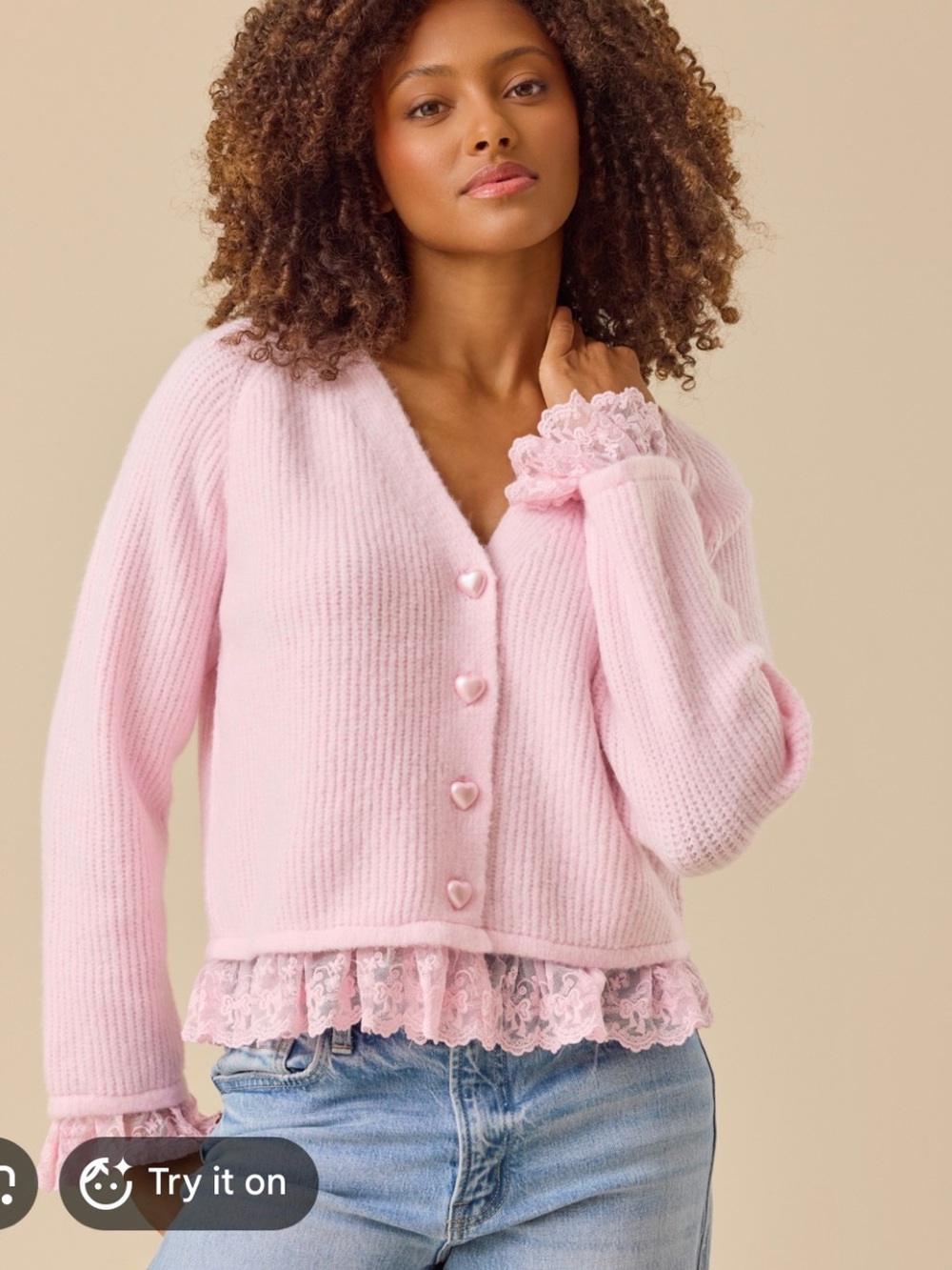 Altar'd State Pink Lace-Trim V-Neck Heart-Button Cardigan